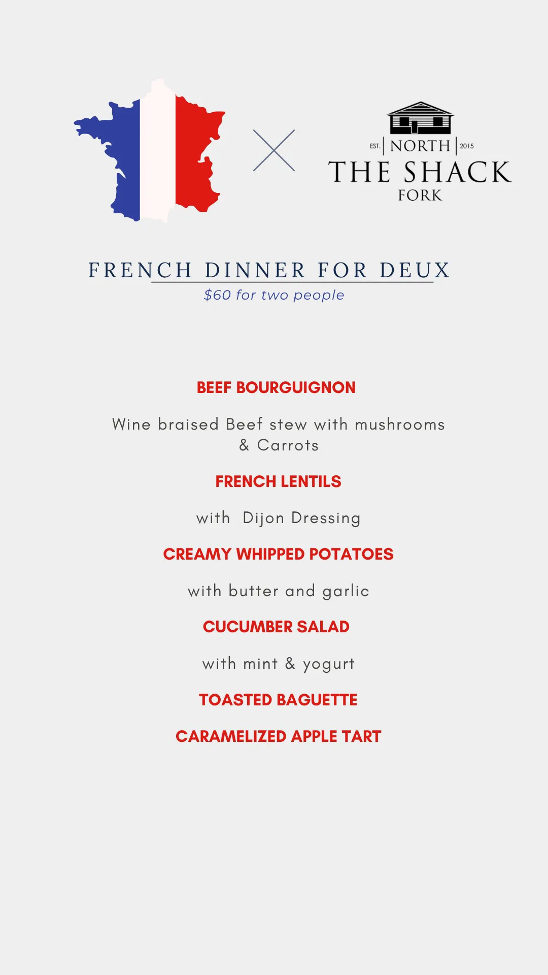 The French Dinner for Deux menu card