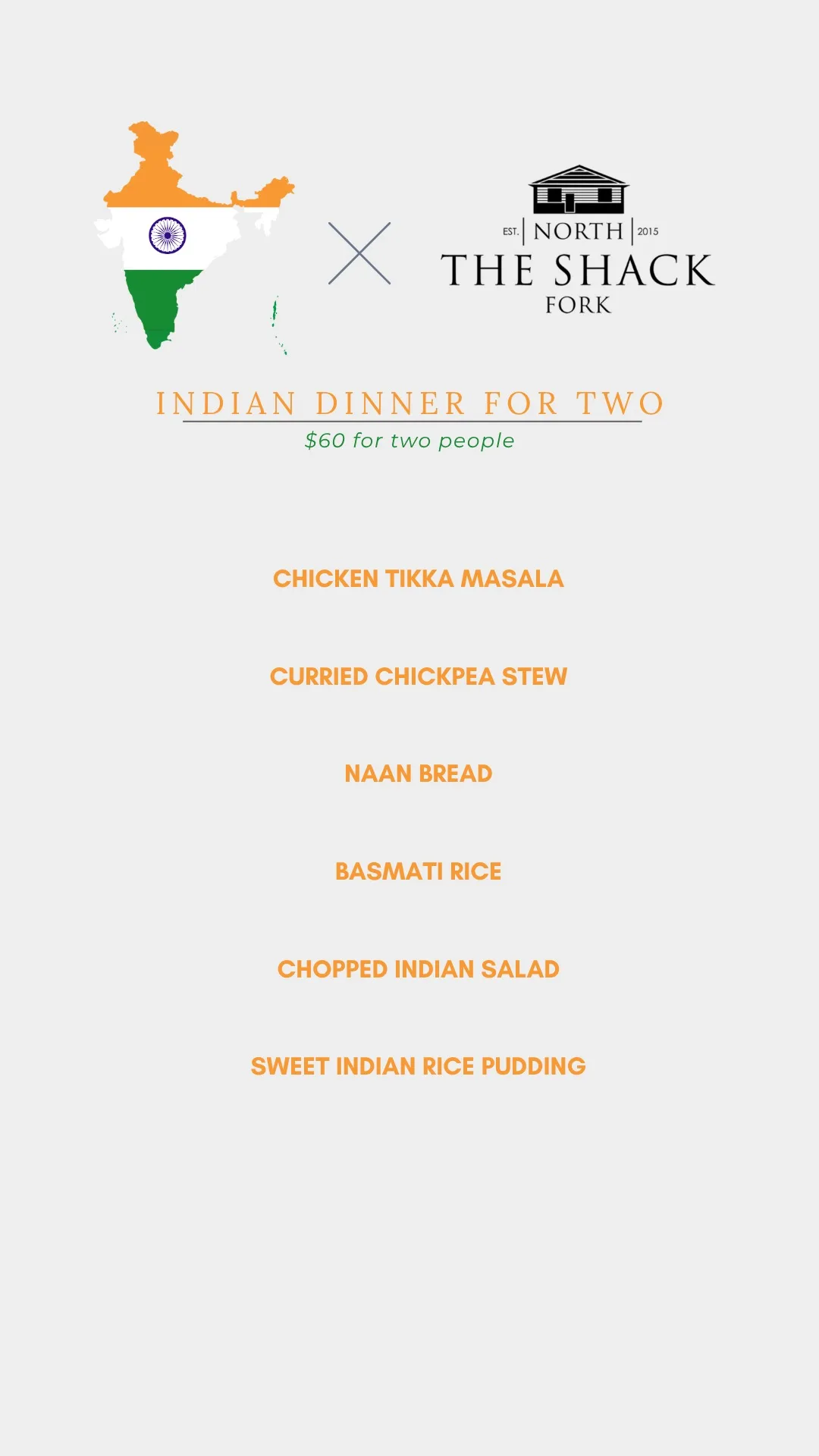 The Indian Dinner for Two menu card