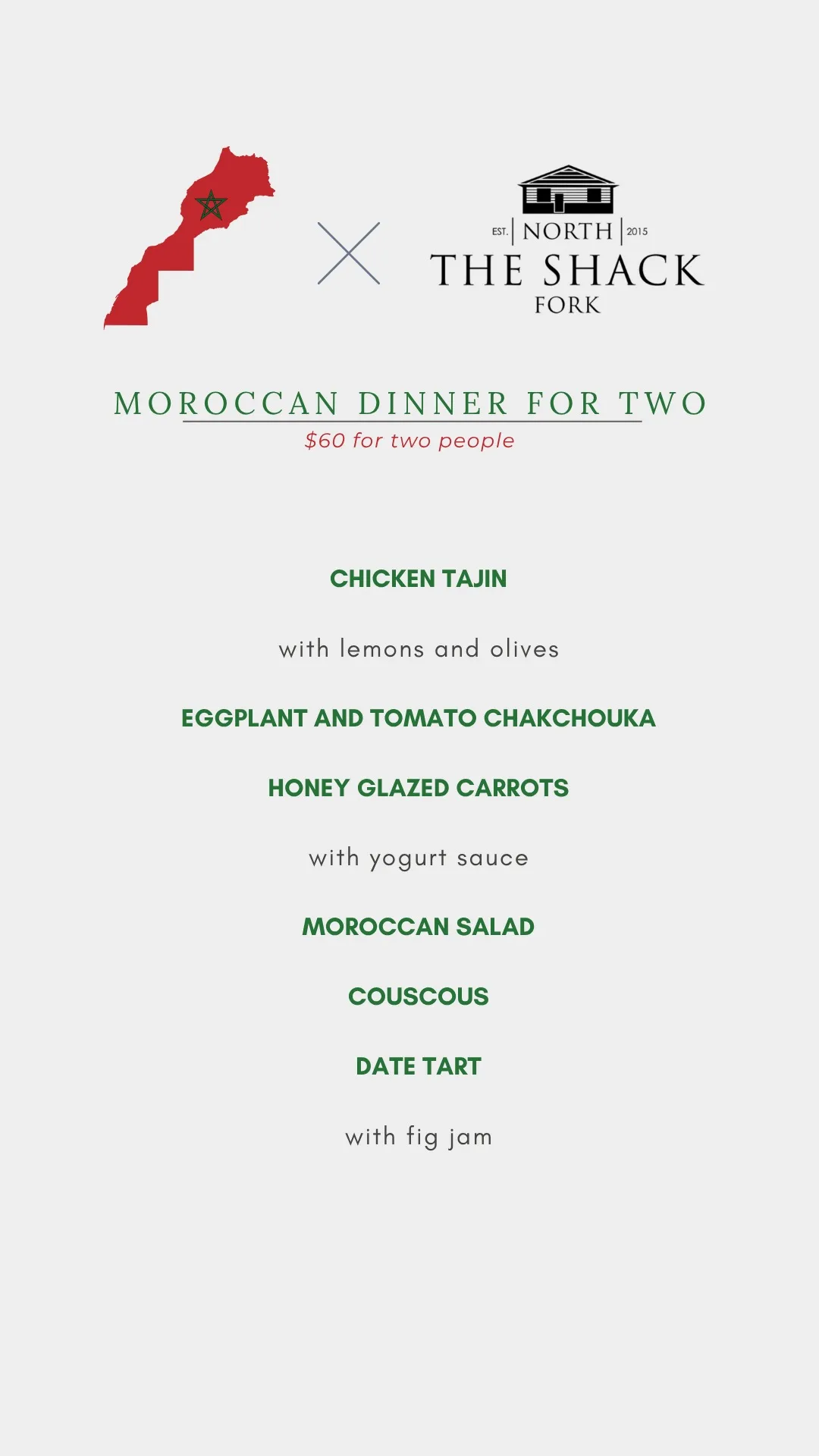 The Moroccan Dinner for Two menu card