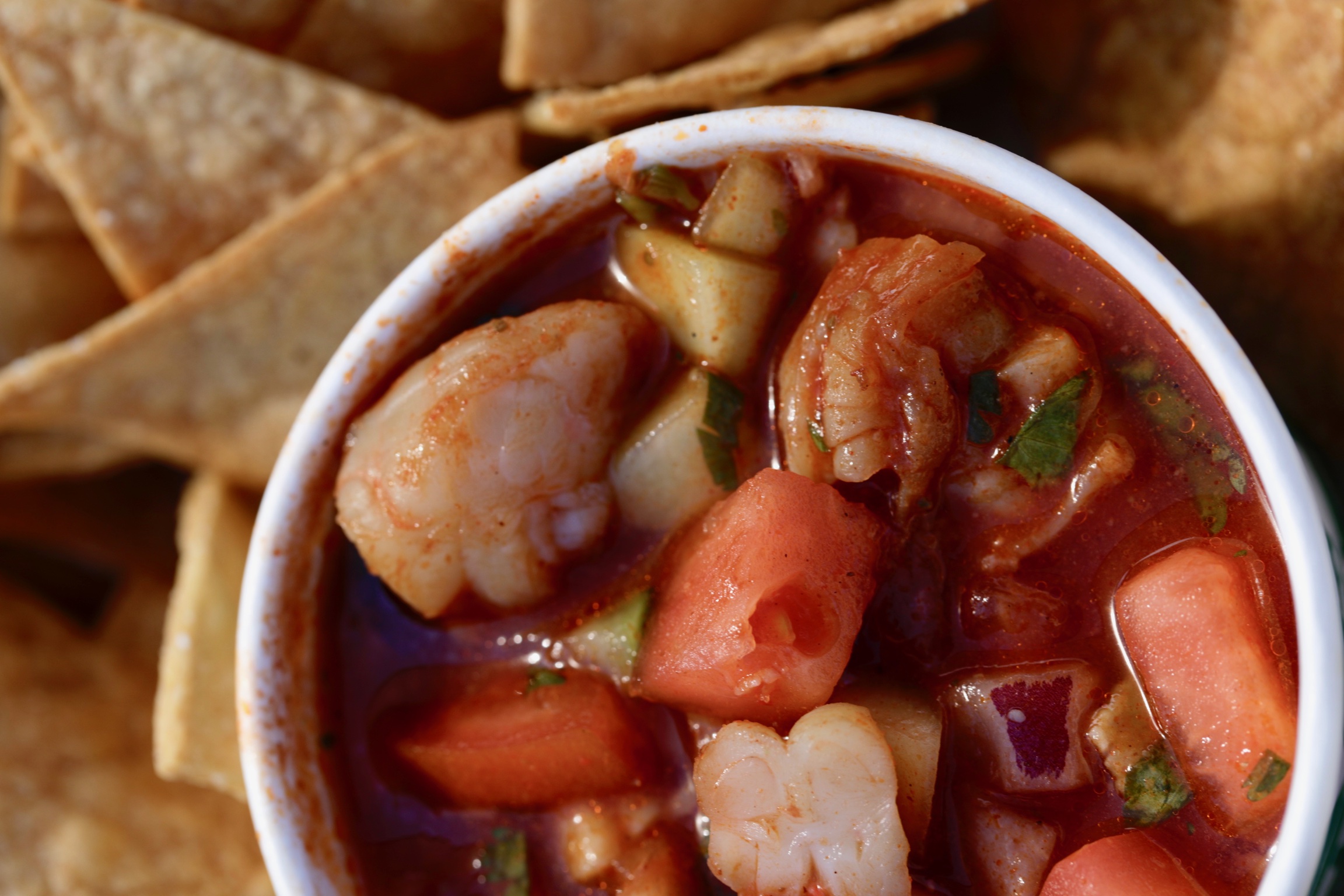Shrimp ceviche with tomato, cucumber and avocado, served with tortilla chips