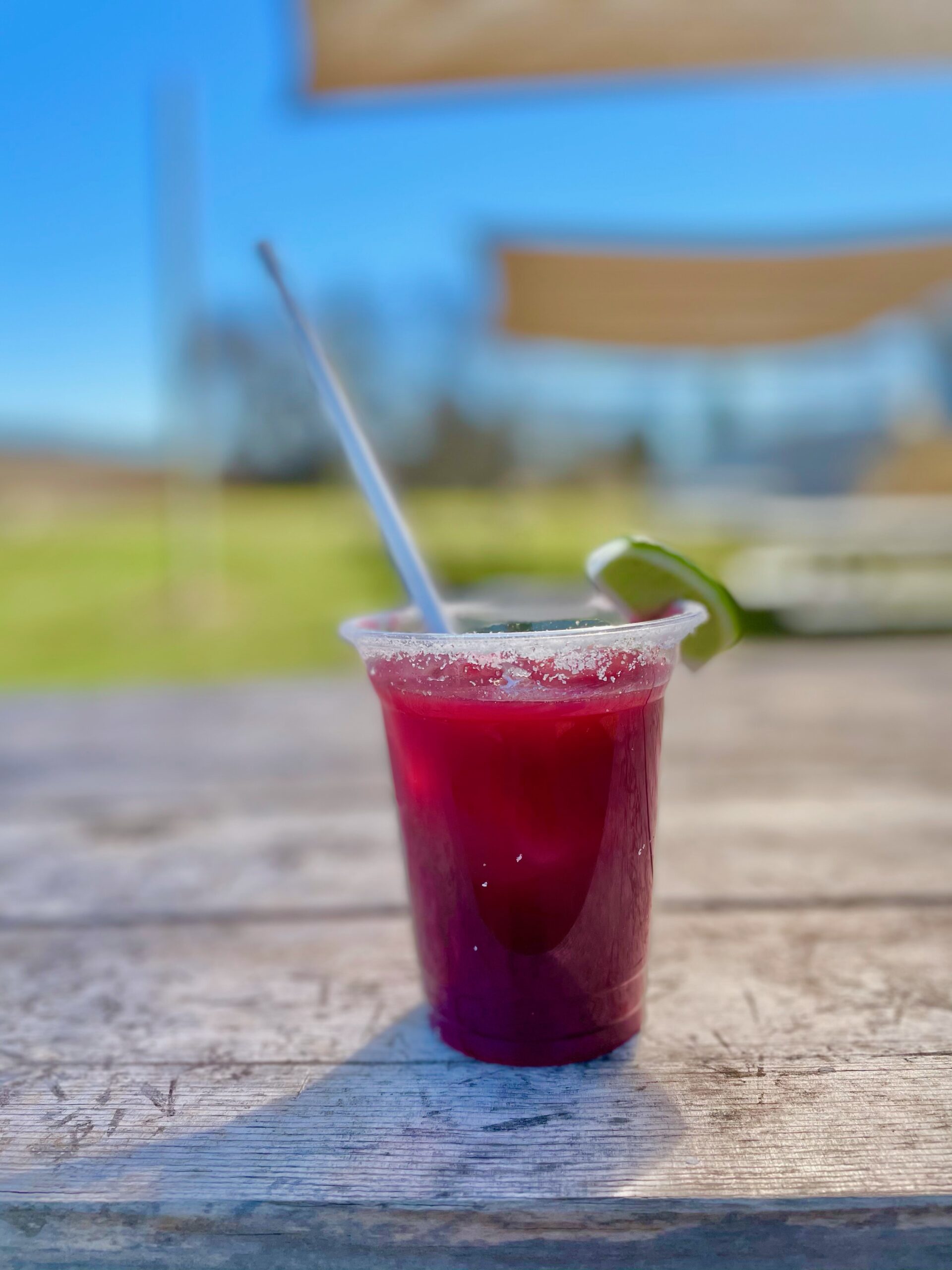 Deep red berry cooler in a cup with a straw, on a sunlit picnic table
